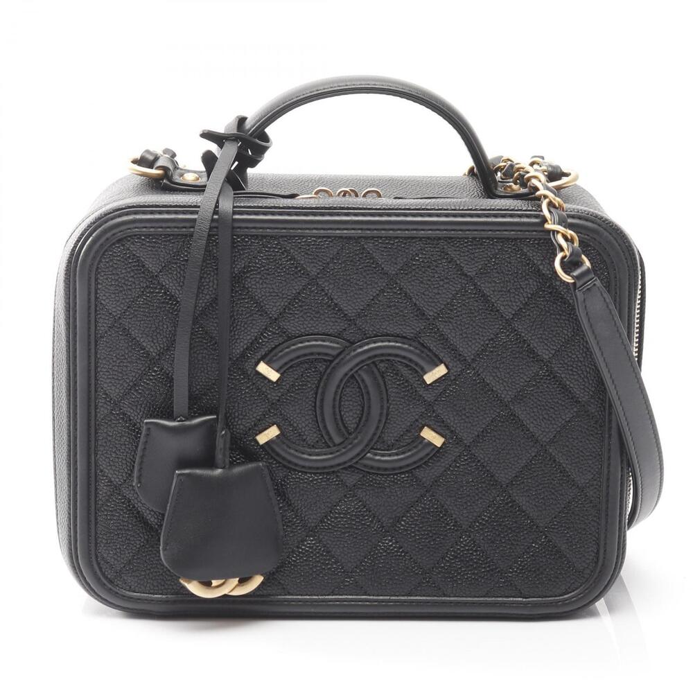 Chanel CC Filigree Matelasse Vanity Shoulder Bag Calfskin Leather Black
